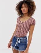 Hollister Henley T-shirt With Button Front In Stripe-red