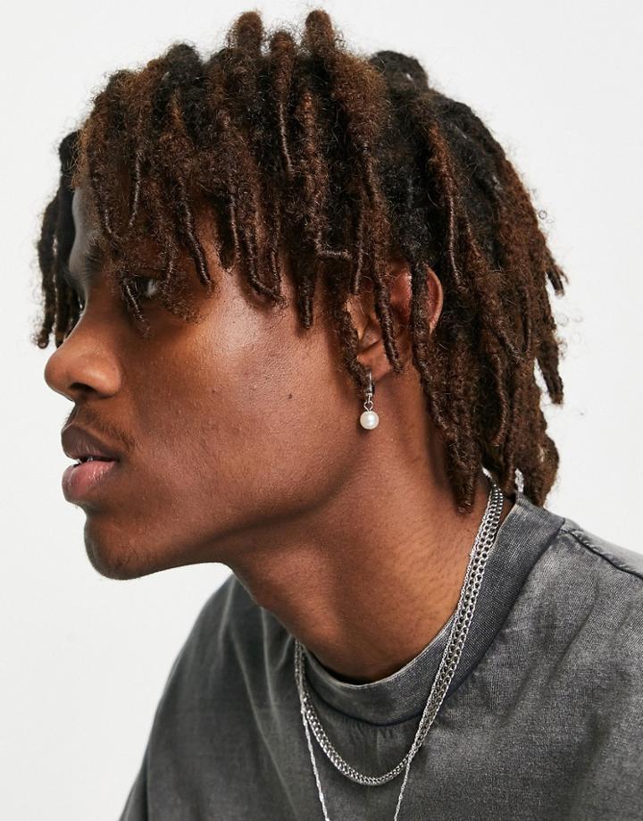 Asos Design Hoop Earrings With Pearl Detail In Silver Tone