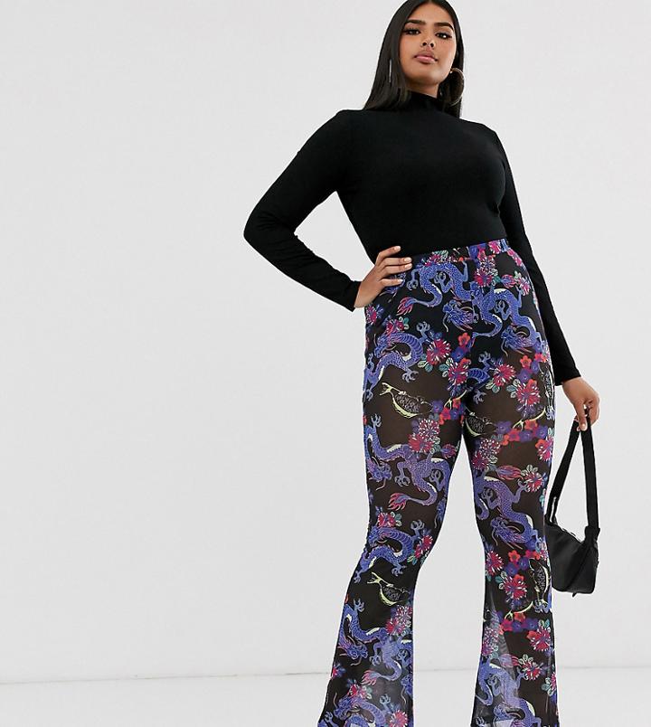 Asos Design Curve Flare Pants In Dragon Print Mesh - Multi