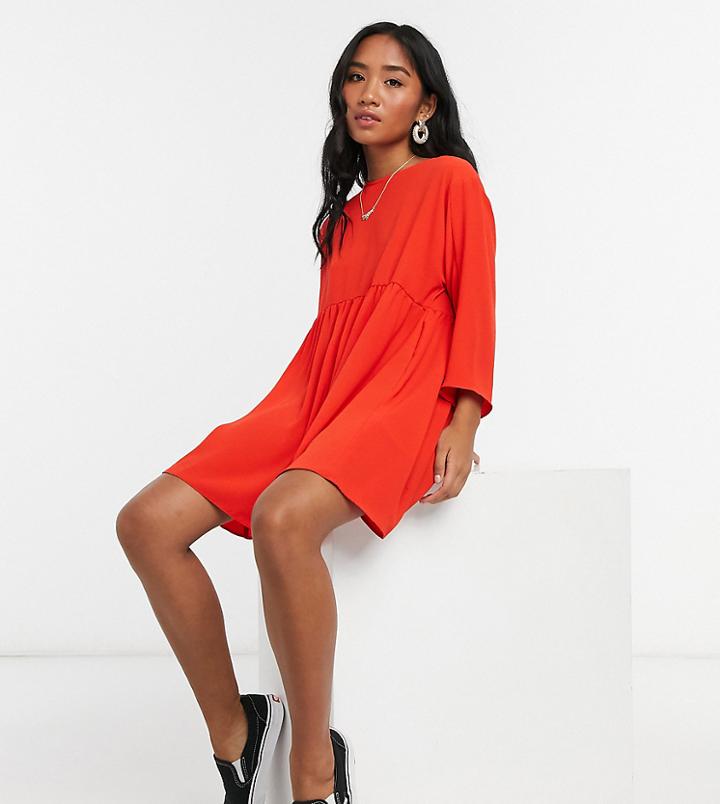 Asos Design Petite Long Sleeve Mini Smock Dress In Red