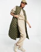 Y.a.s. Kikki Long Quilted Vest In Khaki Polkadot-green