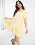 New Look Seersucker Square Neck Tiered Mini Dress In Yellow Pattern