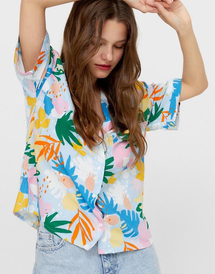 Stradivarius Short Sleeve Shirt In Tropical Print-multi