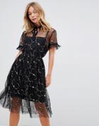 Liquorish Floral Embroidered Mesh Dress With Slip - Black