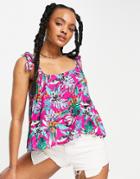 Superdry Alarna Printed Cami Tie Top In Pink Multi
