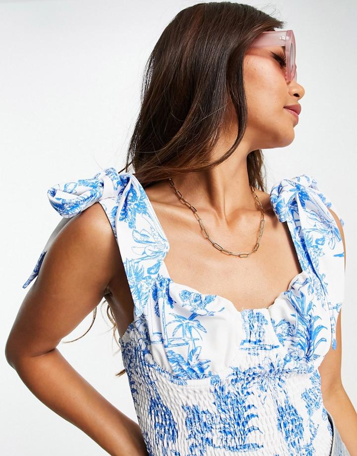 River Island Shirred Tie Strap Floral Cami Top In Blue-blues