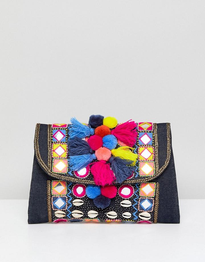 America & Beyond Center Embellised Denim Vacation Clutch Bag - Multi