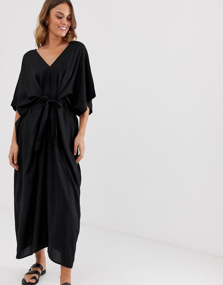 Monki Tie Waist Midi Caftan In Black - Black