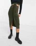 Asos Design Ruched Midi Skirt With Cut Out Waist Detail In Khaki-green