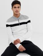 Asos Design Long Sleeve Polo Shirt With Zip Neck And Body And Sleeve Color Block In White