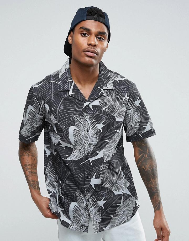 Midnight Surf Leaves Revere Collar Shirt - Black