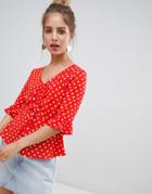 Qed London Polka Dot Ruched Blouse - Red