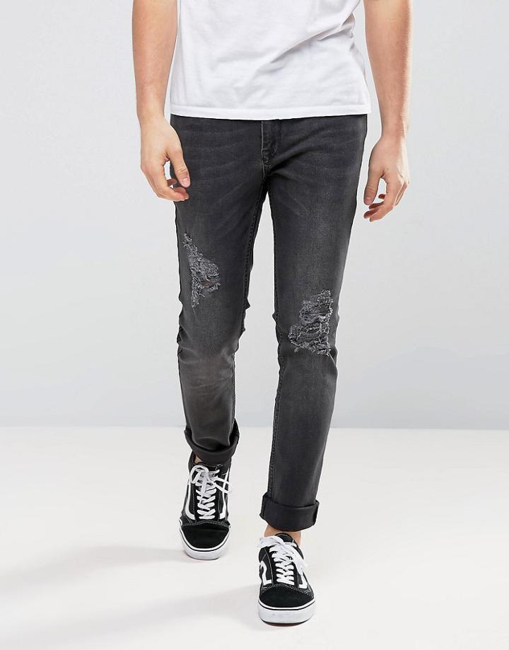 Zeffer Stretch Skinny Ripped Jeans In Washed Black - Black
