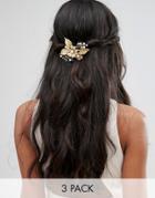Her Curious Nature Trio Of Gold And Pearl Flower Hair Clips - Gold