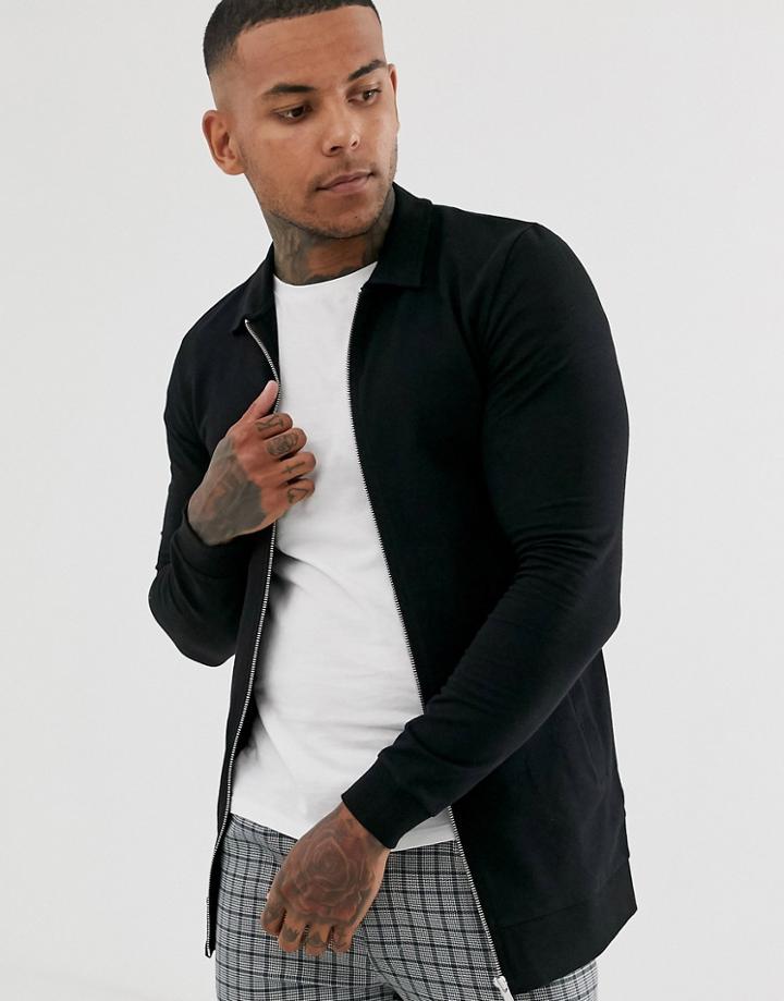 Asos Design Muscle Longline Harrington Jersey Jacket In Black - Black