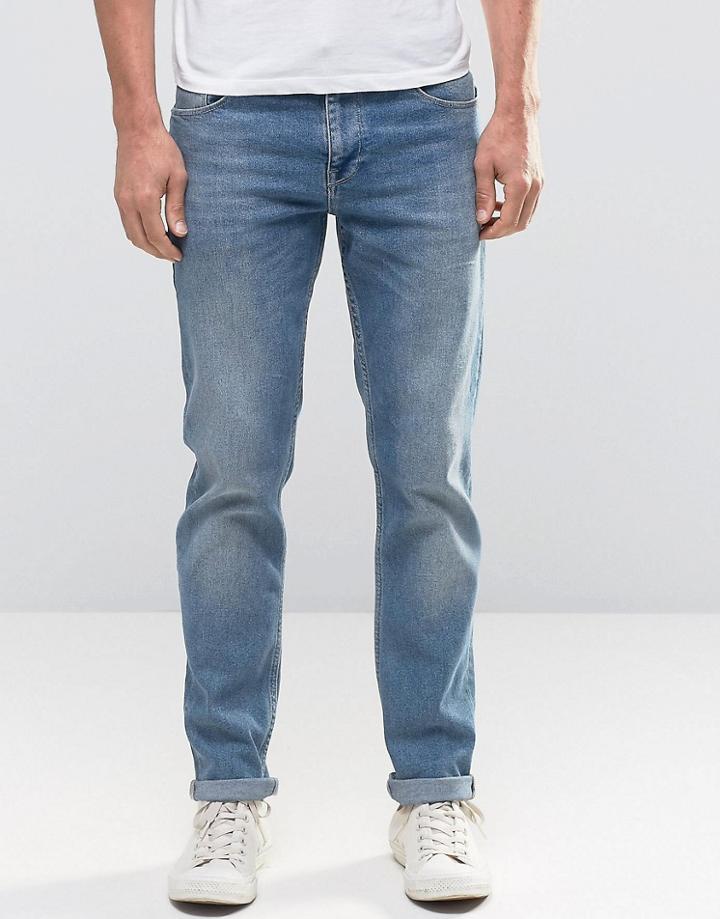 Asos Stretch Slim Jeans In Vintage Wash Mid Blue - Blue