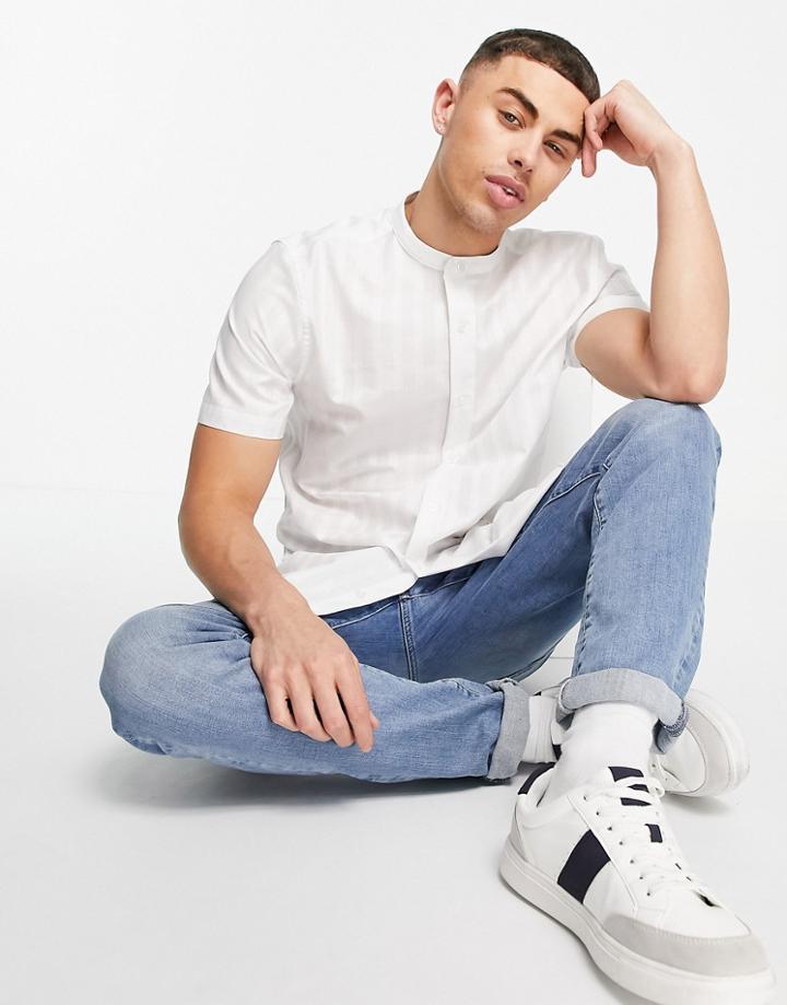 Topman Premium Short Sleeve Stripe Oxford Shirt In White
