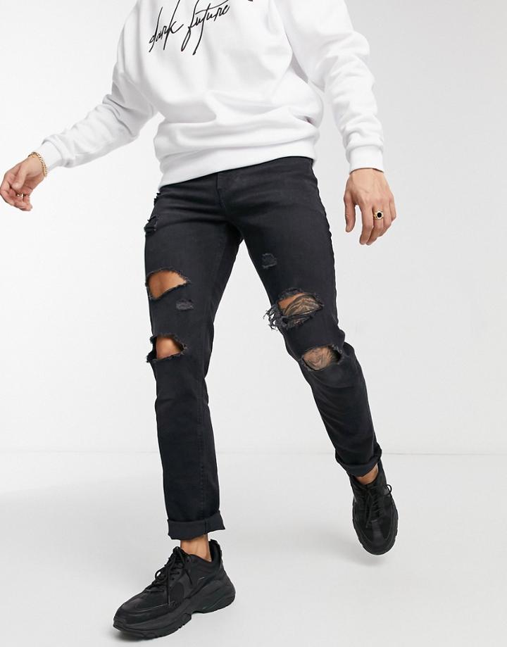 Asos Design Stretch Slim Jeans With 'less Thirsty' Wash In Black With Rips