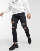 Asos Design Stretch Slim Jeans With 'less Thirsty' Wash In Black With Rips