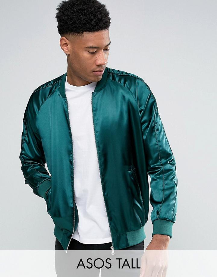 Asos Tall Sateen Bomber Jacket In Bottle Green - Red