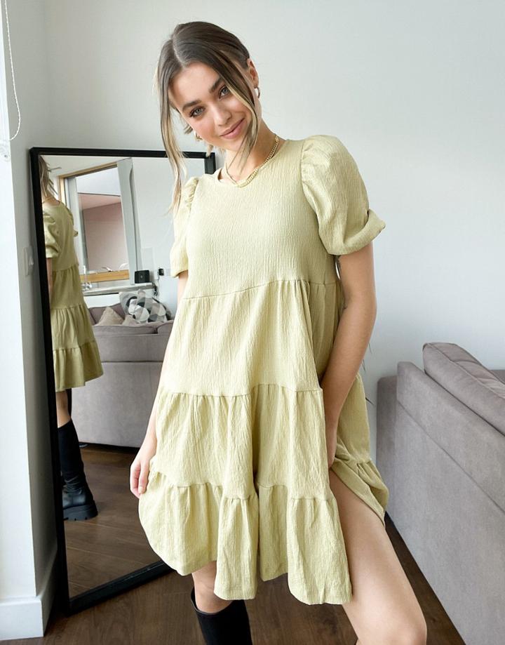 Monki Mi Tiered Mini Smock Dress In Khaki-green