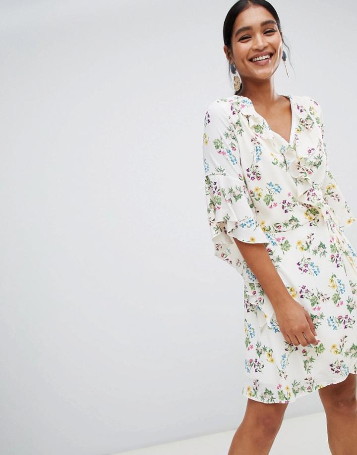 Liquorish Floral Wrap Dress - White