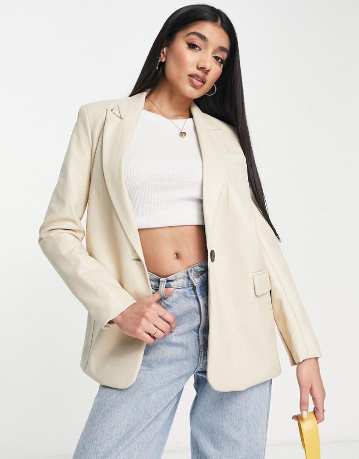 Stradivarius Faux Leather Blazer In Ecru-neutral
