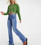 Pieces Petite High Waist Flare Jeans In Mid Blue Wash-blues