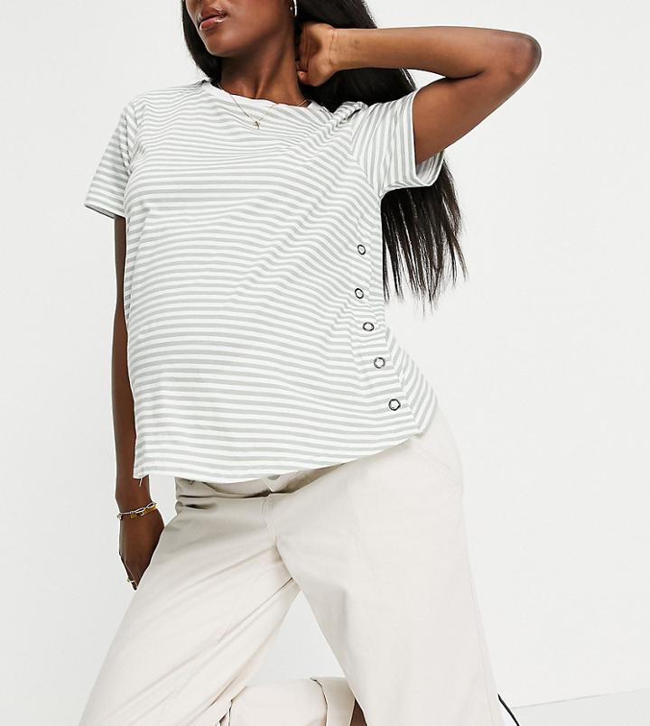 Asos Design Maternity Nursing Snap Side T-shirt In Khaki Stripe-green