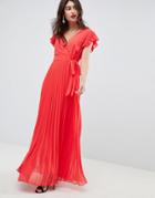 Asos Design Pleated Maxi Dress With Flutter Sleeve - Red
