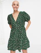 Asos Design Textured Mini Wrap Dress With Pep Hem In Forest Green Floral