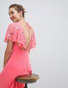 Asos Design Wrap Maxi Dress With Embellished Flutter Sleeves - Pink