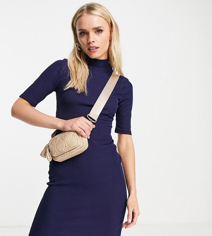 Flounce London Petite High Neck Half Sleeve Midi Dress In Navy-blues