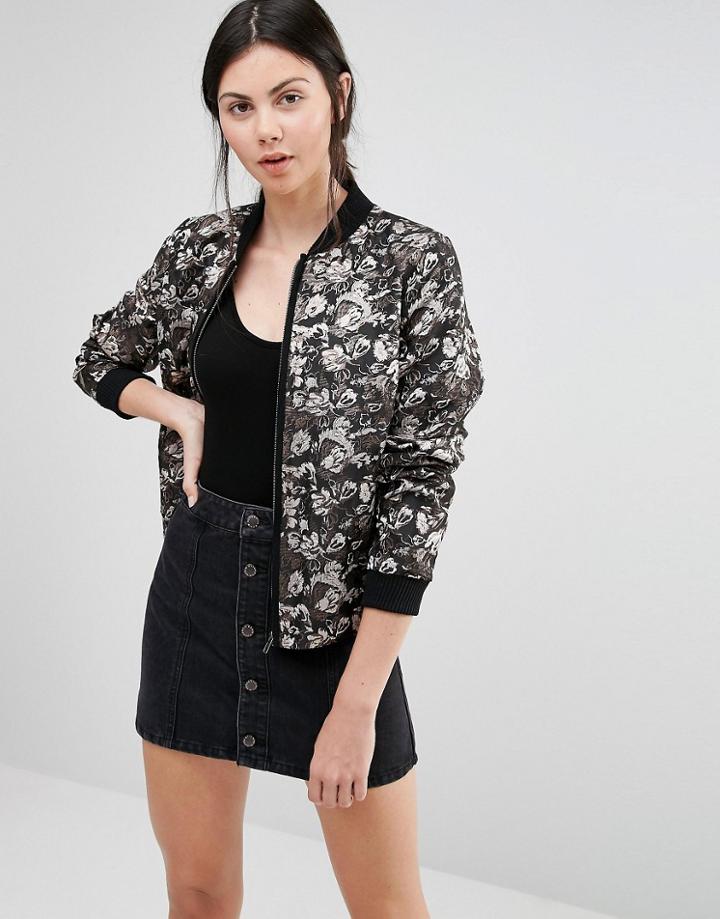 Helene Berman Bomber Jacket In Black & Bronze Floral Jacquard