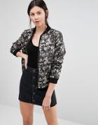 Helene Berman Bomber Jacket In Black & Bronze Floral Jacquard
