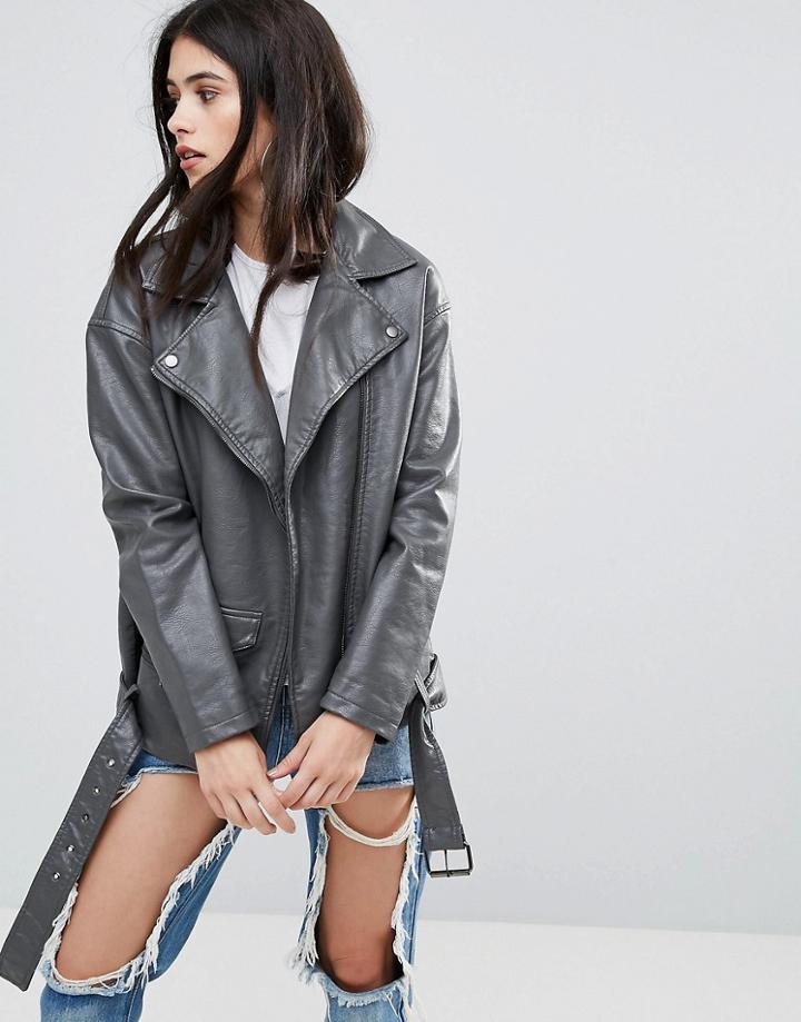 Missguided Gray Faux Leather Boyfriend Biker Jacket - Gray