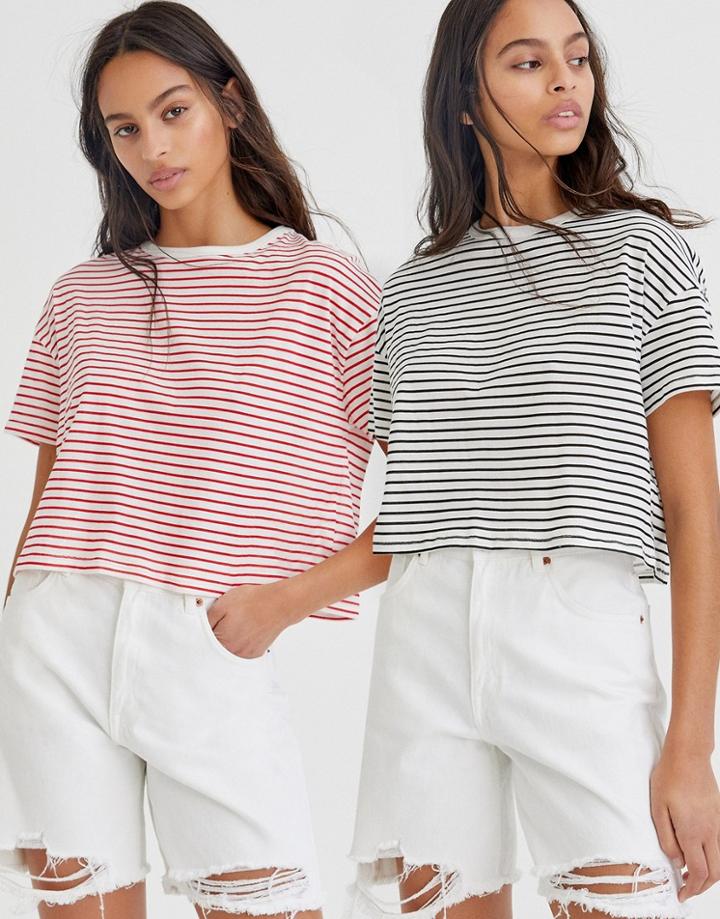 Pull & Bear 2 Pack T-shirt In Red And Blue Stripe-multi
