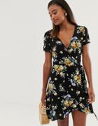 Stradivarius Print Wrap Dress With Blue & Yellow Flower Print - Multi