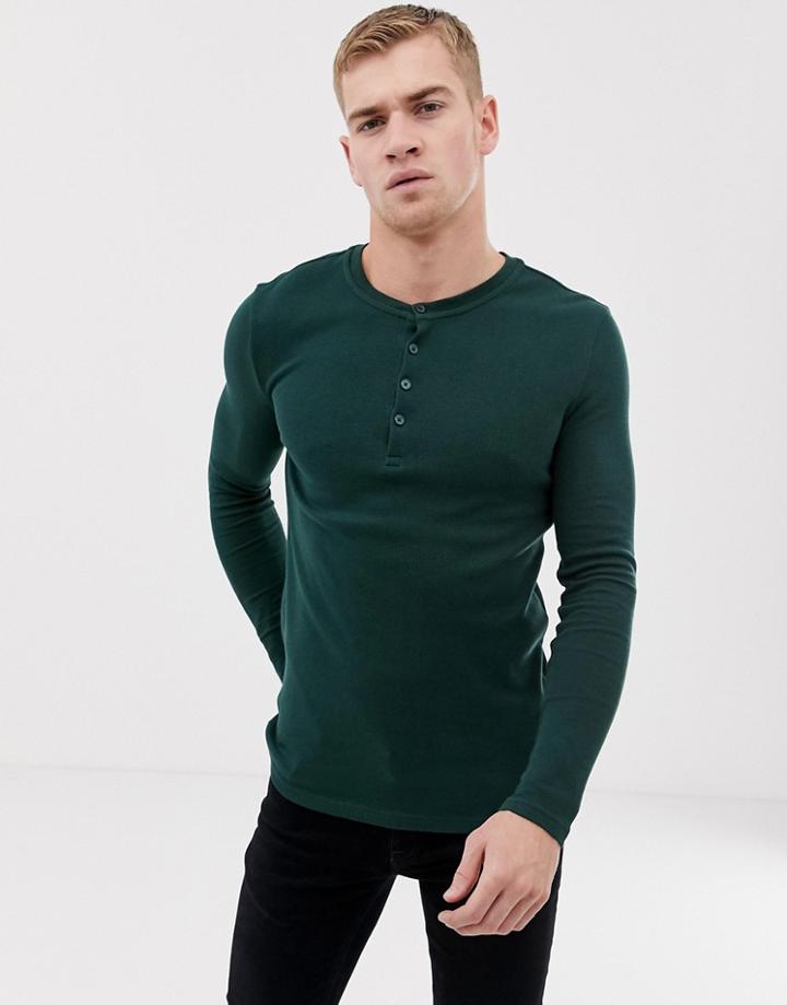Asos Design Muscle Fit Long Sleeve T-shirt With Grandad Neck In Waffle In Khaki - Green