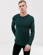 Asos Design Muscle Fit Long Sleeve T-shirt With Grandad Neck In Waffle In Khaki - Green