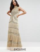 A Star Is Born Embellished High Neck Maxi Dress With Fringe - Gold