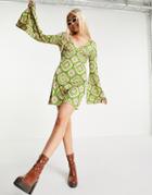 Asos Design Slinky Flare Sleeve Mini Dress In Green Crochet Print-multi