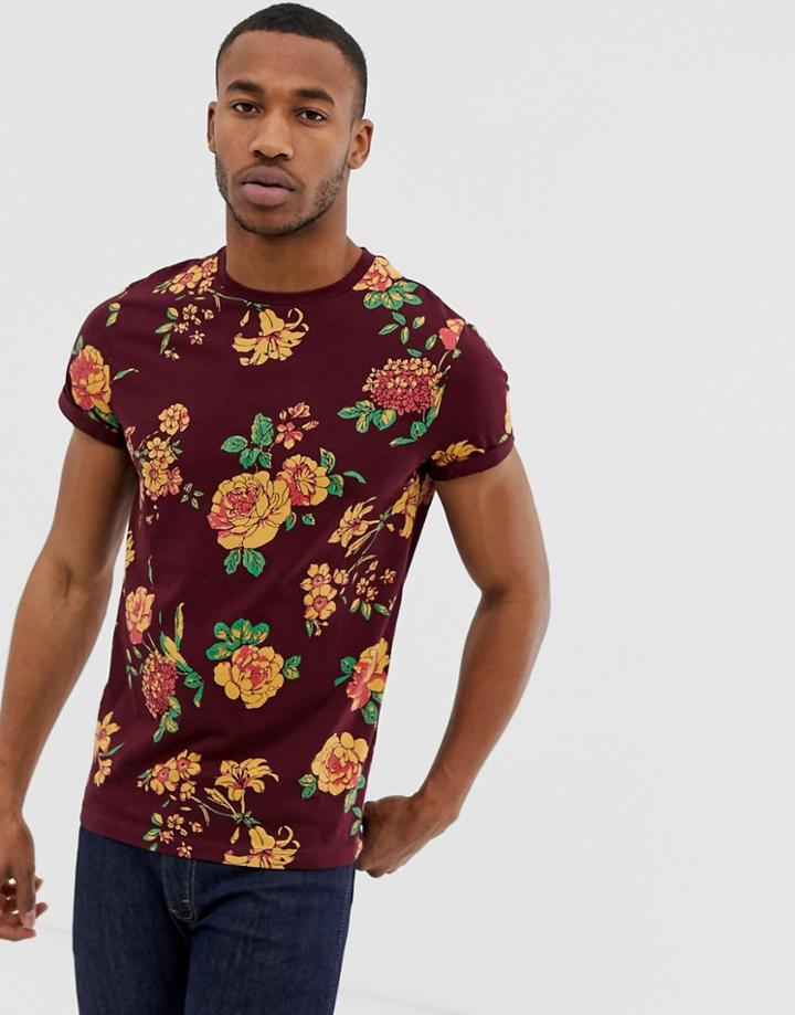 Asos Design T-shirt In All Over Floral Print With Roll Sleeve - Multi