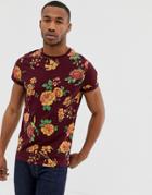 Asos Design T-shirt In All Over Floral Print With Roll Sleeve - Multi