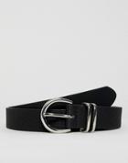 Asos Design Faux Leather Slim Belt In Black Pebble Grain With Double Metal Keepers - Black