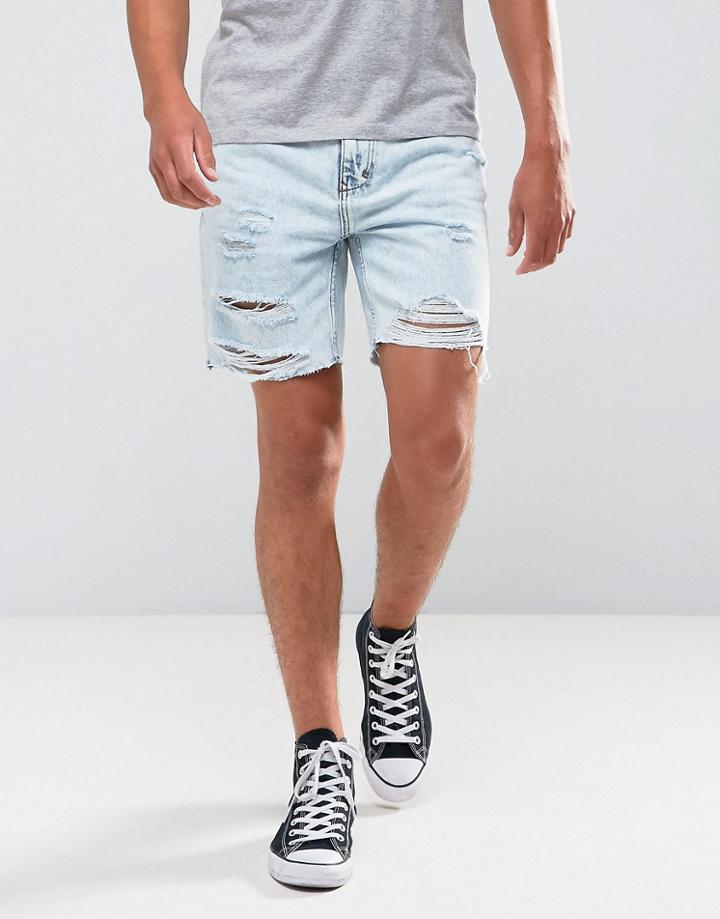 Bershka Denim Shorts With Rips In Bleached Wash - Blue