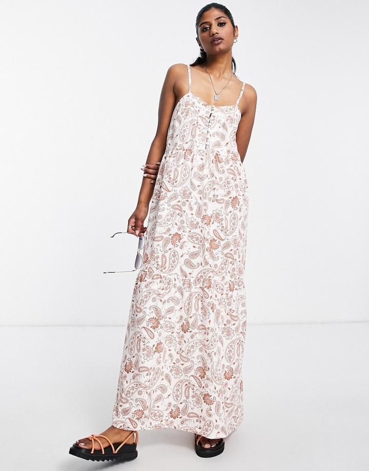 Asos Design Tiered Cami Maxi Dress With Faux Shell Buttons In Paisley Print-multi