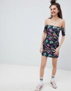 Adidas Originals Floral Print Reversible Off Shoulder Dress - Black