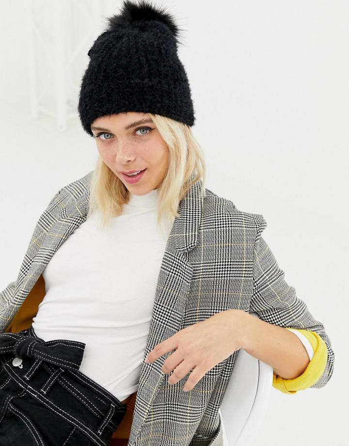 New Look Faux Fur Pom Pom Bobble Hat - Black