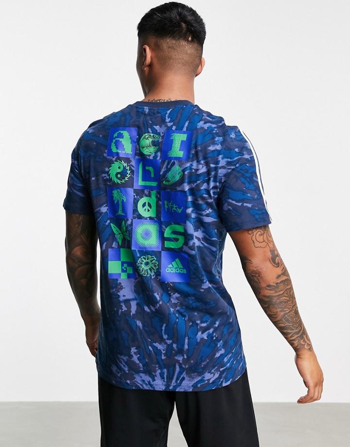 Adidas Training 3 Stripe Tie Dye T-shirt With Back Print In Blue-blues